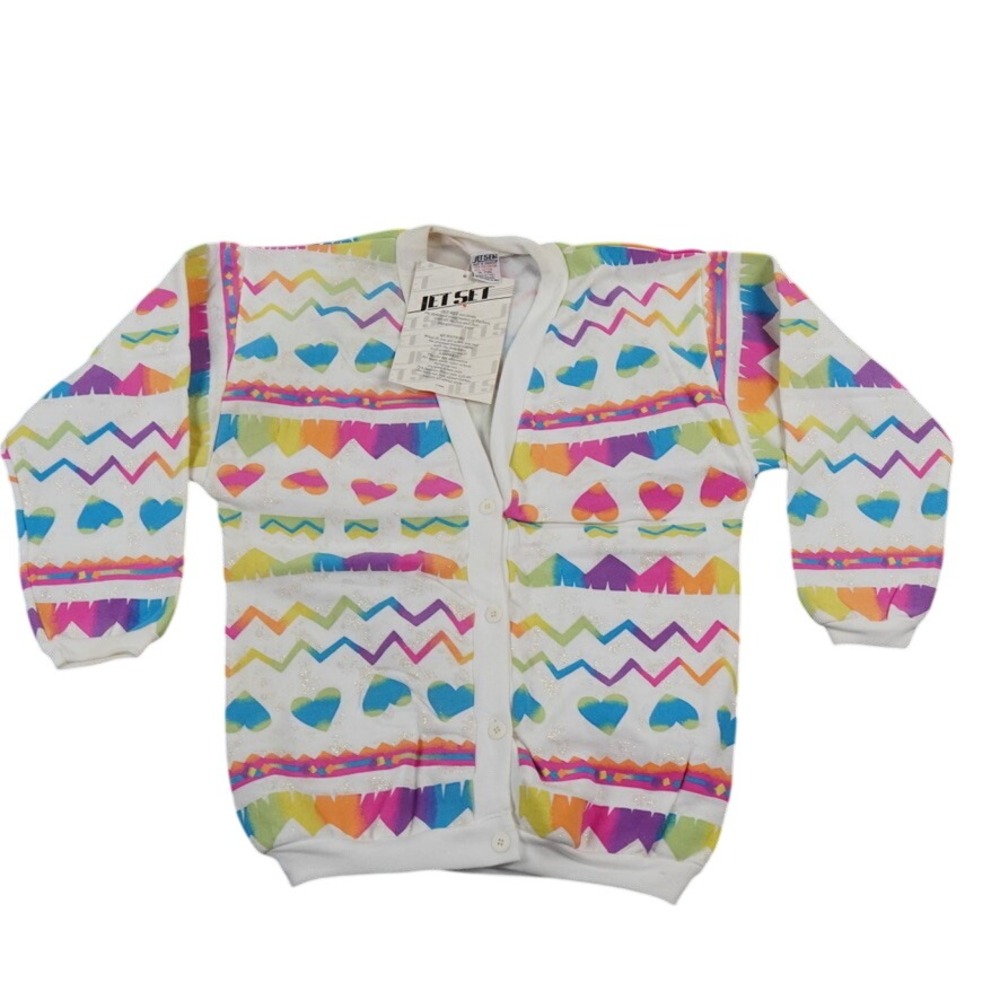 Jet Set Cardigan Sweatshirt Women 12 14 White Rainbow Heart Puff Print VTG 1988